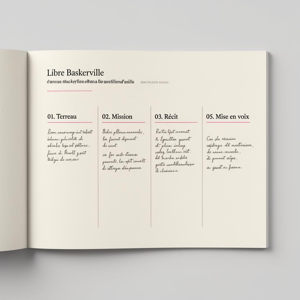 Mockup d'une page intérieure du guide : le canevas de storytelling en 5 étapes.