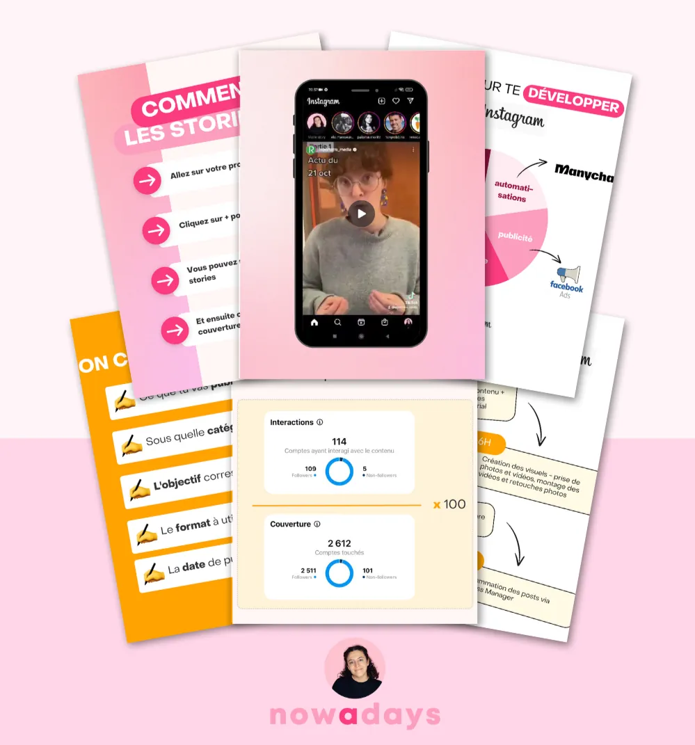 Aperçu du guide Instagram gratuit Nowadays : planches d'écrans, conseils stratégie et exemples de contenus.